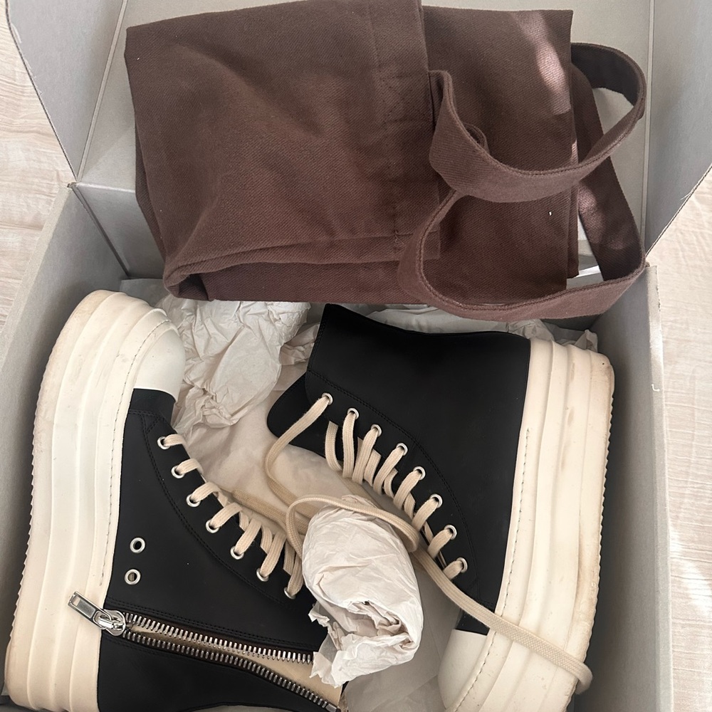 Rick Owens Black and Cream Platform High-Top Sneakers